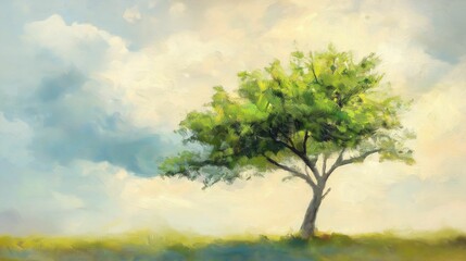 Obraz premium Illustration of a solitary tree at sunrise with vibrant green leaves against a soft, pastel-colored sky.