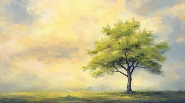 Illustration of a solitary tree at sunrise with vibrant green leaves against a soft, pastel-colored sky.