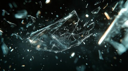 Shattered glass fragments explode into bright sparks against a dark background.