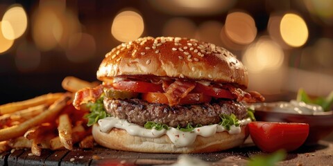 Delicious Gourmet Cheeseburger Topped with Grilled Tomatoes Crisp Dill Pickles Creamy Mayonnaise Dressing and Golden Fried Onions Accompanied by Crispy Potato Fries Close up Shot Artisanal