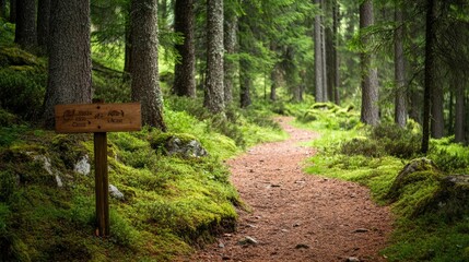Obraz premium A forest trail with a sign encouraging conservation, representing the role of awareness in protecting nature.