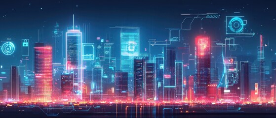 Futuristic Neon Cityscape with Glowing Skyscrapers and Holographic Technology
