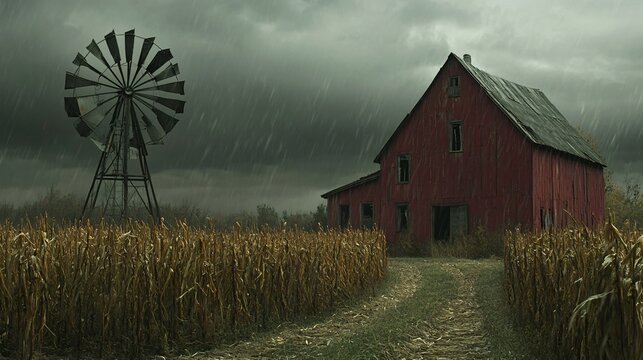 Red Barn in the Rain: A weathered red barn stands solitary in a field of tall corn stalks, a rusty windmill silhouetted against a backdrop of storm clouds, a sense of tranquility amidst the downpour.