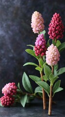 Fototapeta premium Pink and Red Flowers with Green Leaves on Dark Background