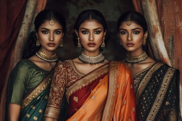 Three beautiful Indian models gracefully pose in vibrant traditional sarees adorned with intricate jewelry in a warmly lit indoor setting