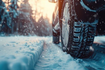 Detailed view of car wheel with worn summer tire driving on snowy road in winter Risk of accident Idea of seasonal tire change