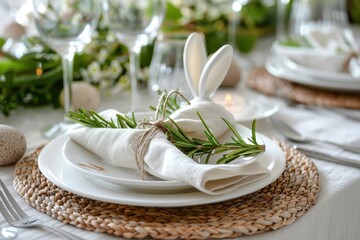 Easter themed table setting with bunny ear napkin ring closeup