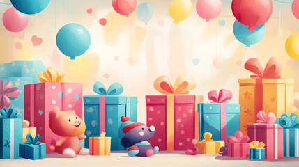 A bright and colorful illustration featuring gifts, balloons, and plush toys, creating a festive atmosphere. The multicolored gift boxes are adorned with ribbons
