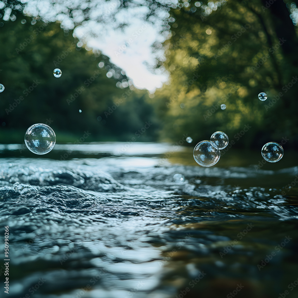 Poster bubbles floating gently on a river with trees in background image