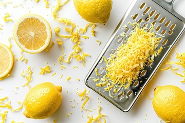 Grater and lemon zest on white background Above