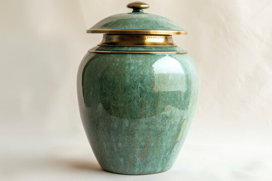 Green raku ceramic cremation urn with brass detail viewed from above on light background