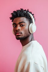 Obraz premium Portrait of a young man wearing headphones on a pink wall background