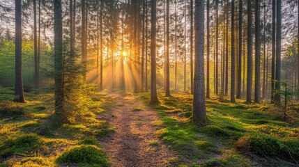 Obraz premium Silent Forest in spring with beautiful bright sun rays