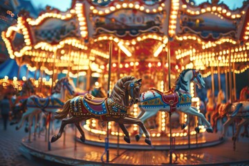 Brightly lit carousel with colorful horses spinning in an amusement park during the evening, creating a whimsical atmosphere