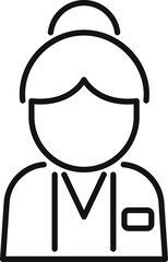 Simple outline icon of a female doctor wearing a lab coat with a badge