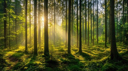 Fototapeta premium Silent Forest in spring with beautiful bright sun rays