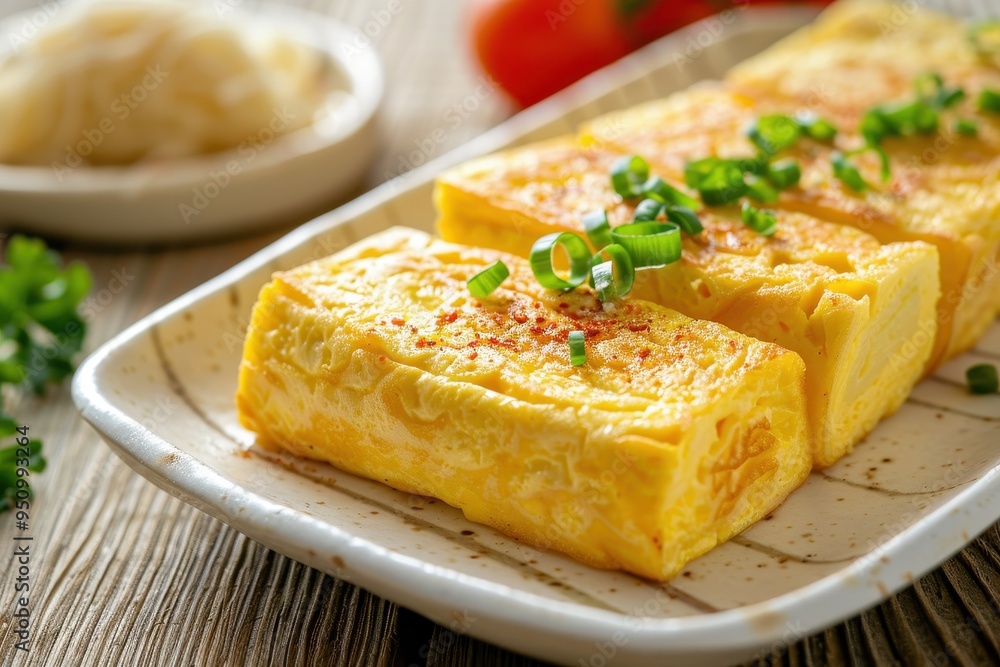 Wall mural Japanese Rolled Omelette on white plate selective focus