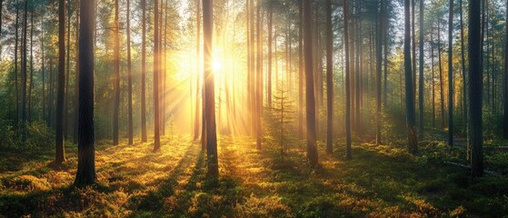 Obraz premium Silent Forest in spring with beautiful bright sun rays