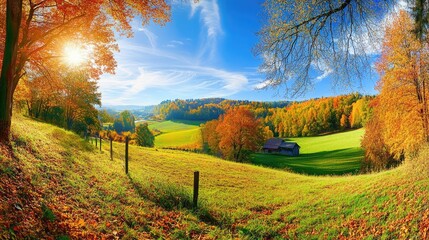 Magical landscape in autumn: sunny panorama of rural idyll