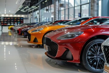 Obraz premium Luxury new cars on display at dealership for sale