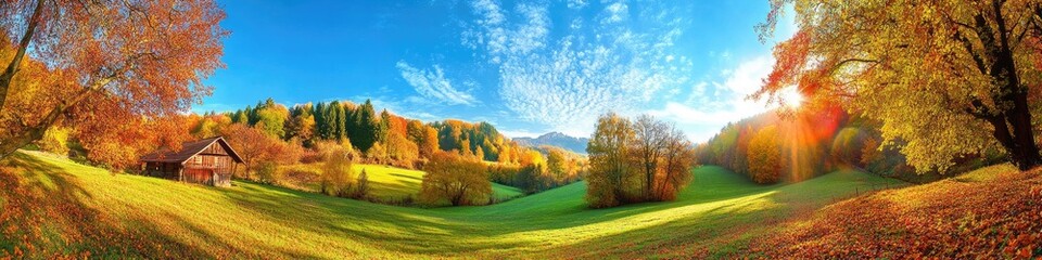 Fototapeta premium Magical landscape in autumn: sunny panorama of rural idyll