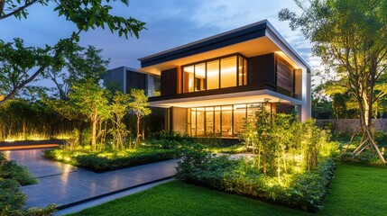 Fototapeta premium Modern house with garden at night