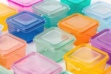 Small colorful plastic cases for home use on a white backdrop