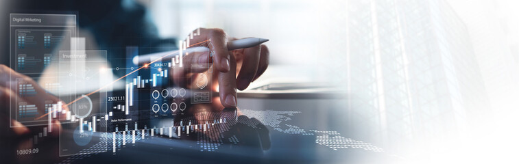 Stock market, business data analysis, Businessman, finance analyst analyzing business data report and stock market trading graph  with economic growth chart, Business background, market research