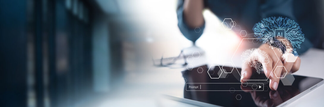 AI Artificial Technology, prompt engineering. Businessman using digital tablet with Ai brain to data analysis, business intelligence, machine learning for business development