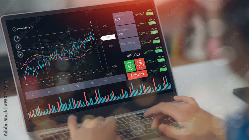 Poster planning and strategy, stock market, trader or investor working at home. technical price graph and i