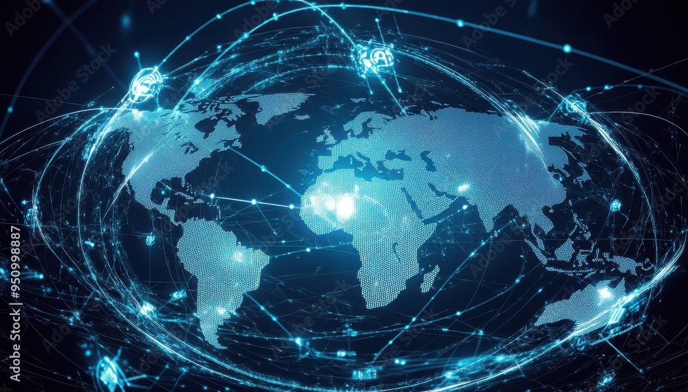 Poster glowing global network and world map in digital space