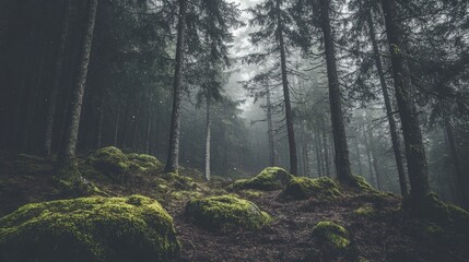 Obraz premium wilderness landscape forest with pine trees and moss on rocks