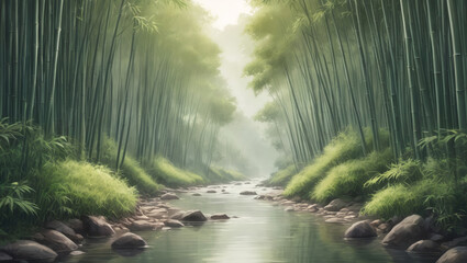 illustration of a riverside bamboo forest in the morning