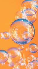 Fototapeta premium Blue Soap Bubbles on Orange Background, Abstract Image, Texture, Pattern, Wallpaper, Cover and Screen for Smartphone, PC, Laptop, 9:16 and 16:9 Format