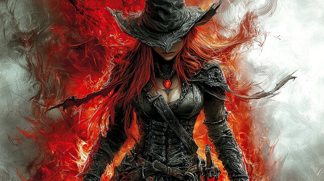 Female red headed demon hunter surrounded by fire, fantasy warrior wearing armor hat red jewel, powerful fierce gothic female hunter