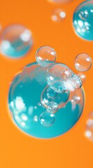 Blue Soap Bubbles on Orange Background, Abstract Image, Texture, Pattern, Wallpaper, Cover and Screen for Smartphone, PC, Laptop, 9:16 and 16:9 Format