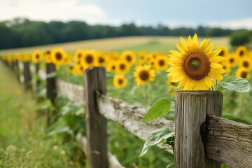 Sunflower field behind a rustic wooden fence under a clear blue sky.