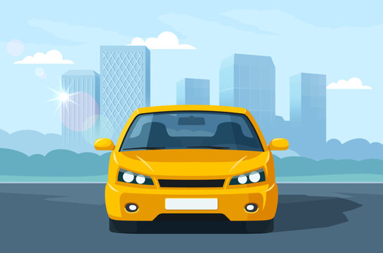 Yellow car on city background. Web banner design. Vector illustration