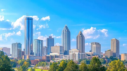 Fototapeta premium Downtown Atlanta Skyline showing several prominent buildings and hotels under a blue sky