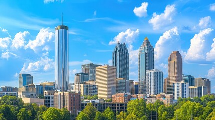 Fototapeta premium Downtown Atlanta Skyline showing several prominent buildings and hotels under a blue sky