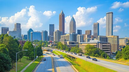 Fototapeta premium Downtown Atlanta Skyline showing several prominent buildings and hotels under a blue sky