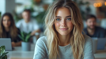 Fototapeta premium Young woman with blonde hair smiling in cafe