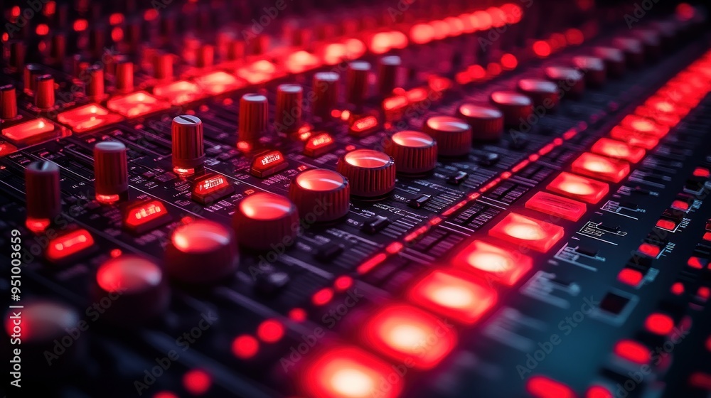 Poster audio mixing console with red leds