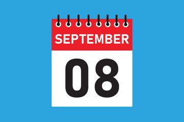 08 september . 8th september  professional modern exclusive daily calendar design. Meeting schedule flat icon icon design. White and red color paper. White,black color text. Vector illustration eps 10
