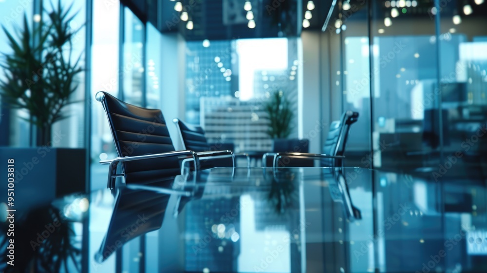 Poster a glass table with two chairs in front of it, suitable for interior design or office setting