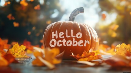 Hello October on Pumpkins, autumn leaves on the ground, New October month autumn season