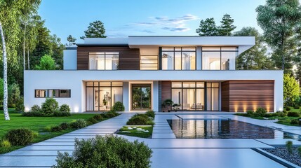 Fototapeta premium 3d rendering of modern house by the river at evening