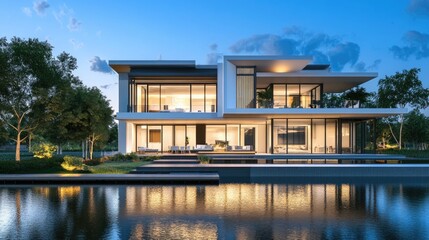 Obraz premium 3d rendering of modern house by the river at evening
