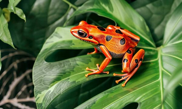 Red poison dart frog on a green leaf with water droplets