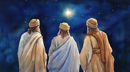 Three wise men following a star in search of a newborn king, Nativity of Jesus, Christmas celebration
